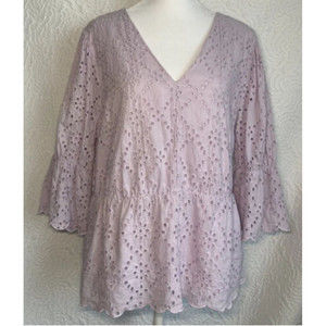 ecru Lavender Eyelet V‑Neck Peplum Blouse